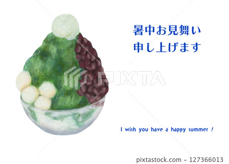 用油畫棒描繪了白玉丸子、紅豆和抹茶刨冰的夏季賀卡 用油畫棒描繪了白玉丸子、紅豆和抹茶刨冰的夏季賀卡 127366013