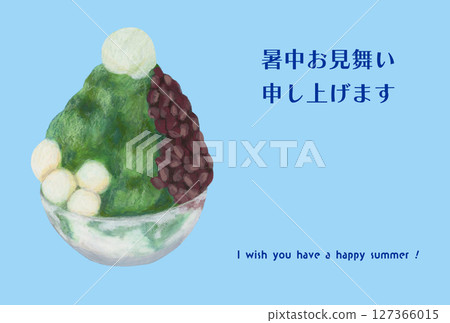 用油畫棒描繪了白玉丸子、紅豆和抹茶刨冰的夏季賀卡 127366015
