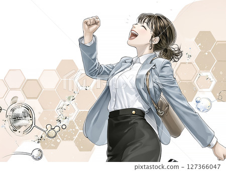 一位微笑的女商人舉起拳頭的插圖素材 127366047