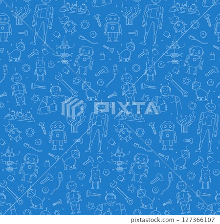 Seamless Doodle Pattern with Robots, Tools, and Microchips STEM and Engineering Theme 127366107
