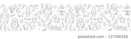 Seamless Doodle Pattern with Robots, Tools, and Microchips STEM and Engineering Theme 127366108