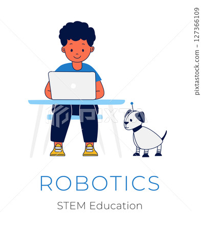 Boy Learning Online with Robot Dog STEM and AI Education Concept 127366109