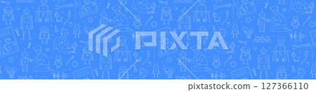 STEM Education Seamless Pattern with Kids and Robots Line Art Vector 127366110