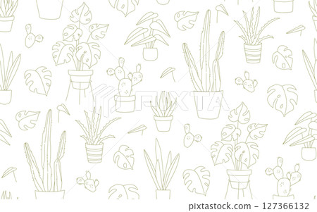Seamless Doodle Pattern of Houseplants in Pots Line Art Monstera, Cactus, Aloe Seamless Doodle Pattern of Houseplants in Pots Line Art Monstera, Cactus, Aloe 127366132