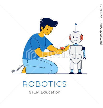 Boy Fixing Humanoid Robot STEM Robotics Project Boy Fixing Humanoid Robot STEM Robotics Project 127366142