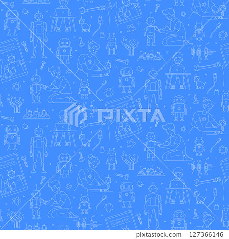 STEM Education Seamless Pattern with Kids and Robots Line Art Vector 127366146