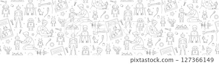 STEM Education Seamless Pattern with Kids and Robots Line Art Vector 127366149