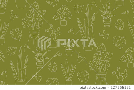 Seamless Doodle Pattern of Houseplants in Pots Line Art Monstera, Cactus, Aloe 127366151