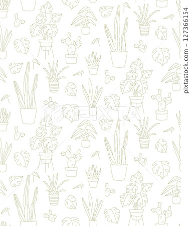Seamless Doodle Pattern of Houseplants in Pots Line Art Monstera, Cactus, Aloe 127366154
