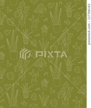 Seamless Doodle Pattern of Houseplants in Pots Line Art Monstera, Cactus, Aloe 127366162