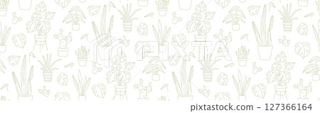 Seamless Doodle Pattern of Houseplants in Pots Line Art Monstera, Cactus, Aloe Seamless Doodle Pattern of Houseplants in Pots Line Art Monstera, Cactus, Aloe 127366164
