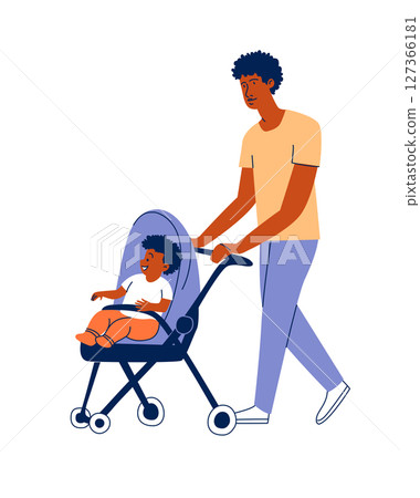 Father Walking with Toddler in Stroller Flat Vector Illustration Father Walking with Toddler in Stroller Flat Vector Illustration 127366181