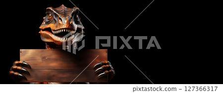 Dinosaur Tyrannosaurus Rex Holding a Blank Sign Isolated on Black Background - Generative Ai 127366317