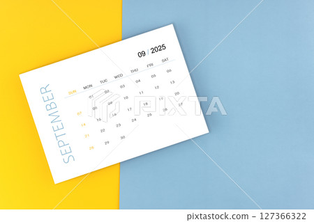 September 2025 calendar page on blue background, Position with copy space. September 2025 calendar page on blue background, Position with copy space. 127366322