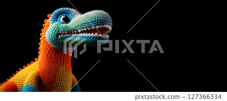 Cute Knitted Tyrannosaurus Rex Dinosaur Toy Isolated on Black Background - Generative Ai 127366334