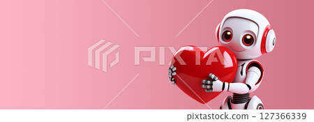 Cute Robot Hugs a Red Heart on Pink Background with Copy Space - Generative Ai 127366339