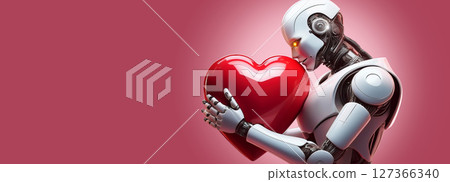 Cute Robot Hugs a Red Heart on Pink Background with Copy Space - Generative Ai 127366340