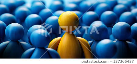 Extreme closeup of One Single Yellow Human Shape Among a Large Group of Blue Ones - Generative Ai 127366487