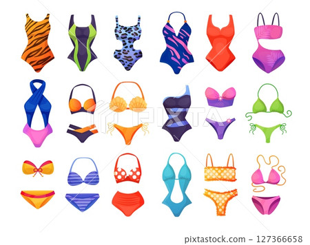 Women swim underwear. Female swimsuit bikini, woman lingerie sea swim summer vacation travel sun bathing clothes swimwear underware beach pool, cartoon swanky vector illustration 127366658