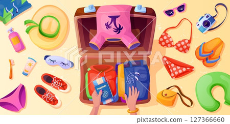 Suitcases clothes packing. Travel bag pack top view, tourist hands prepare essentials in suitcase summer vacation trip journey passport shoes, cartoon swanky vector illustration 127366660