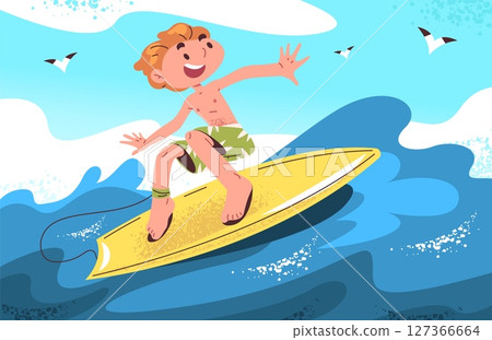 Boy surfer. Cartoon kid riding on surfboard sea wave, child surfing water sport teenager surf board in ocean summer beach holiday vacation swim activity, classy vector illustration 127366664