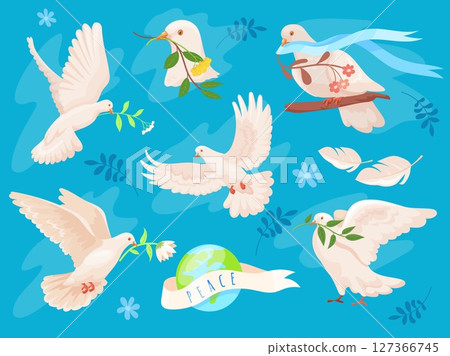 Cartoon dove of peace. White pigeon flying bird with olive branch in blue sky, international world day freedom concept volunteer holy wedding love symbol, neat vector illustration 127366745