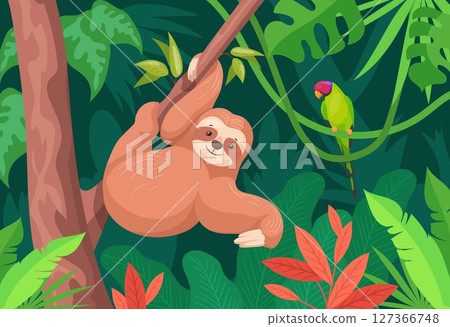 Cartoon sloth on branch. Rainforest lazy animal sleep on branch tree tropical jungle landscape scene, cute sloth in forest background happy wildlife, neat vector illustration 127366748