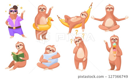 Lazy sloths characters. Cartoon sloth funny cute mascot poses, relax sleep on hammock tropical jungle tree sleepy baby with book elvis presley character, neat vector illustration Lazy sloths characters. Cartoon sloth funny cute mascot poses, relax sleep on hammock tropical jungle tree sleepy baby with book elvis presley character, neat vector illustration 127366749
