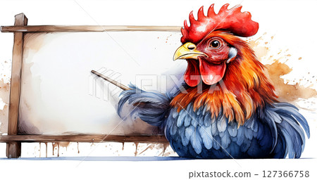 Illustration of a Chicken with Blank Whiteboard Pointing Empty Space for Text - Generative Ai 127366758