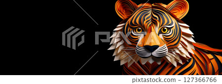 Illustration of a Paper Tiger in Origami Style Isolated on a Black Background - Generative Ai Illustration of a Paper Tiger in Origami Style Isolated on a Black Background - Generative Ai 127366766