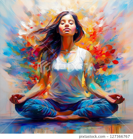 Illustration of a Young Woman Practicing Meditation in Lotus Position - Generative Ai Illustration of a Young Woman Practicing Meditation in Lotus Position - Generative Ai 127366767