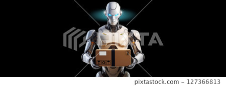 Humanoid Robot Delivers a Package Isolated on Black Background - Generative Ai 127366813
