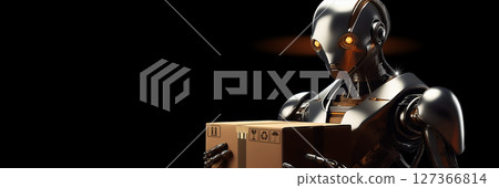 Humanoid Robot Delivers a Package Isolated on Black Background - Generative Ai 127366814