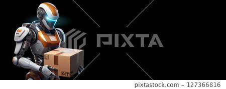 Humanoid Robot Delivers a Package Isolated on Black Background - Generative Ai 127366816