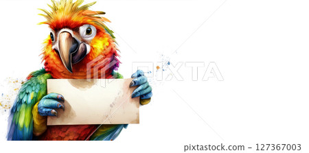 Multi-Colored Cute Parrot Holding a Blank Sign With Copy Space - Generative Ai Multi-Colored Cute Parrot Holding a Blank Sign With Copy Space - Generative Ai 127367003
