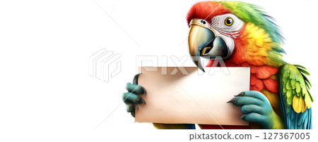 Multi-Colored Cute Parrot Holding a Blank Sign With Copy Space - Generative Ai 127367005