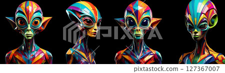 Multicolored Alien with Geometric Shapes Isolated on Black Background - Generative Ai 127367007