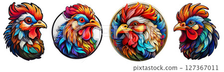 Multicolored Illustration of a Rooster Head Badge Isolated on White - Generative Ai Multicolored Illustration of a Rooster Head Badge Isolated on White - Generative Ai 127367011