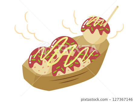 5 mayonnaise takoyaki balls in a boat-shaped dish with toothpicks 127367146