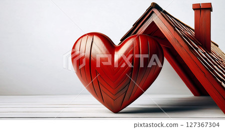 Red Wooden Heart with Roof on a White Wooden Background - Generative Ai 127367304