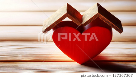 Red Wooden Heart with Roof on a White Wooden Background - Generative Ai 127367307