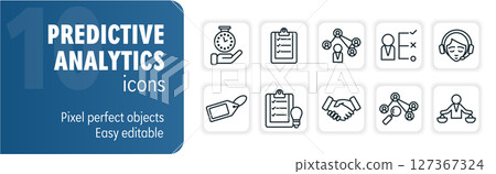 Predictive analytics icon set featuring customer segmentation, data mining and predictive modeling 127367324