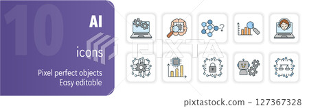Artificial intelligence technology icon set representing machine learning and neural network Artificial intelligence technology icon set representing machine learning and neural network 127367328