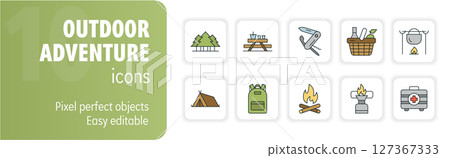 Outdoor adventure icon set featuring camping and hiking activities 127367333