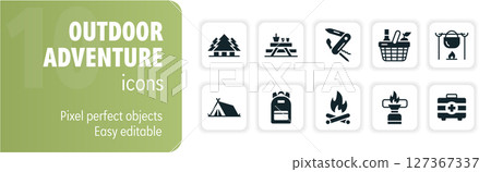 Simple black and white icon set featuring camping and outdoor recreation themes Simple black and white icon set featuring camping and outdoor recreation themes 127367337