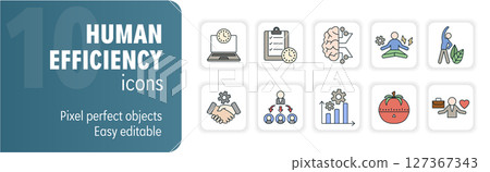 Human efficiency optimization productivity icon set showing ways to improve workflow 127367343