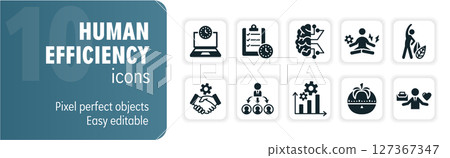 Human efficiency icon set featuring productivity and time management visuals Human efficiency icon set featuring productivity and time management visuals 127367347