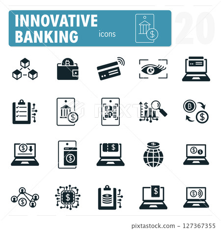 Innovative banking icon set featuring online banking, cryptocurrency, and financial technology 127367355