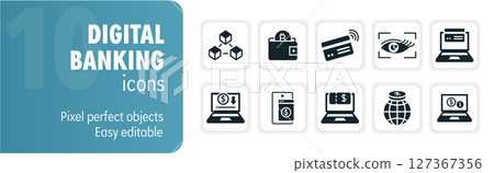 Digital banking icon set representing online finance and mobile payment solutions 127367356