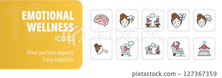 Set of emotional wellness icons featuring people meditating and talking to psychologists Set of emotional wellness icons featuring people meditating and talking to psychologists 127367359